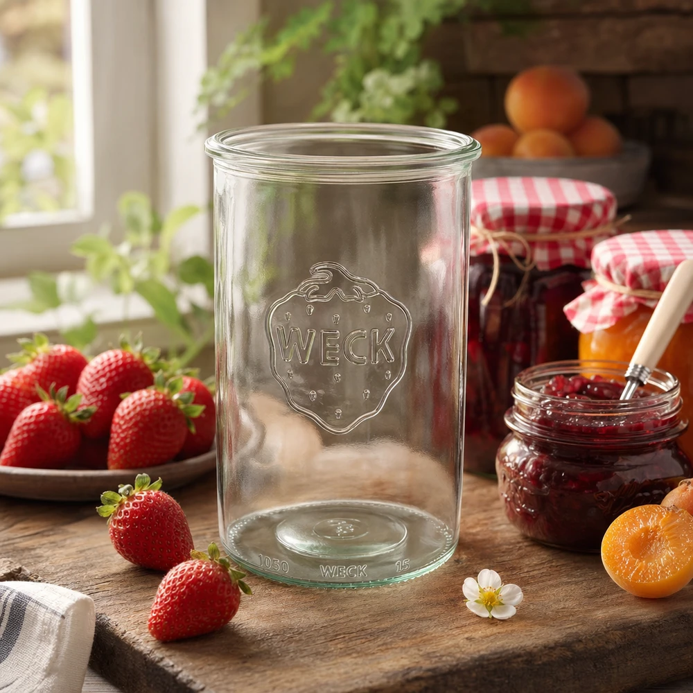 Barattolo da 1000 ml WECK RR100 su un tavolo di legno con fragole fresche e marmellata fatta in casa