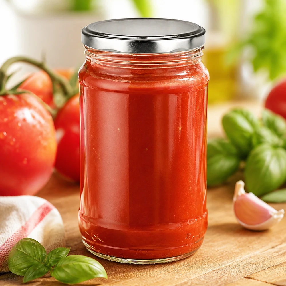 Vaso di vetro rotondo da 370 ml + BasicSeal argento UNiTWIST Vaso rotondo in vetro BasicSeal da 370 ml, color argento, con chiusura ermetica, contenente salsa di pomodoro fatta in casa