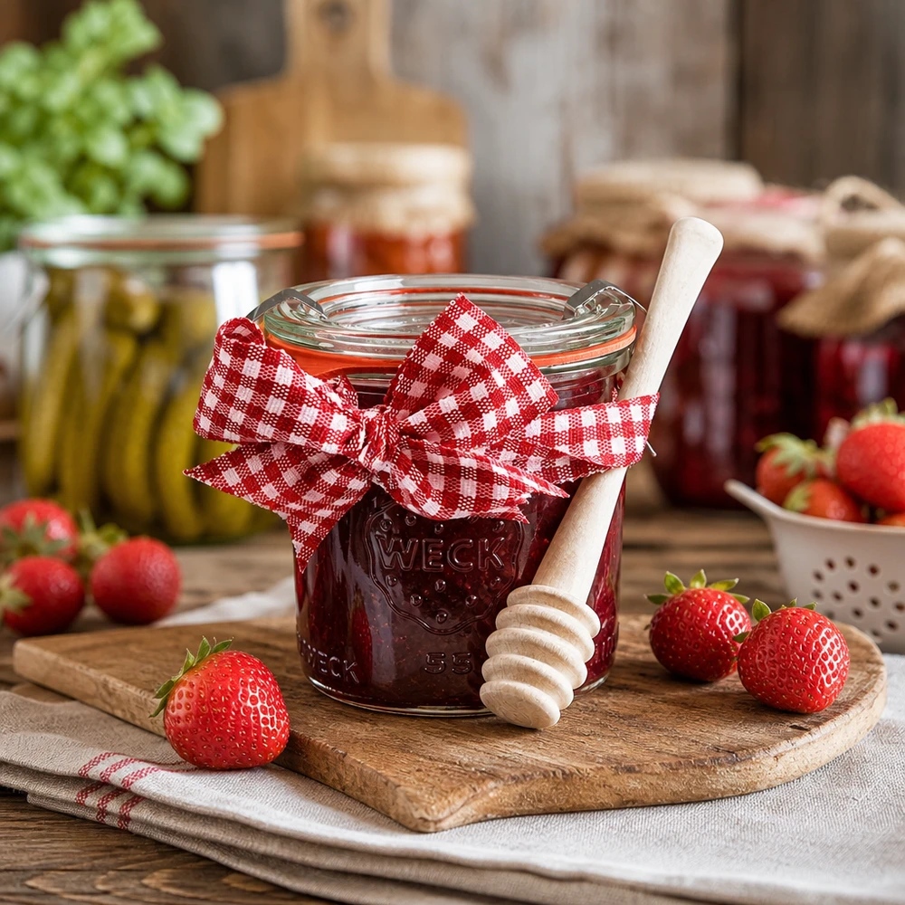 WECK mini tumbler 140ml completo di cucchiaio per miele WECK vaso 140ml pieno di marmellata di fragole miele cucchiaio legno fragole fresche cucina rustica conservazione