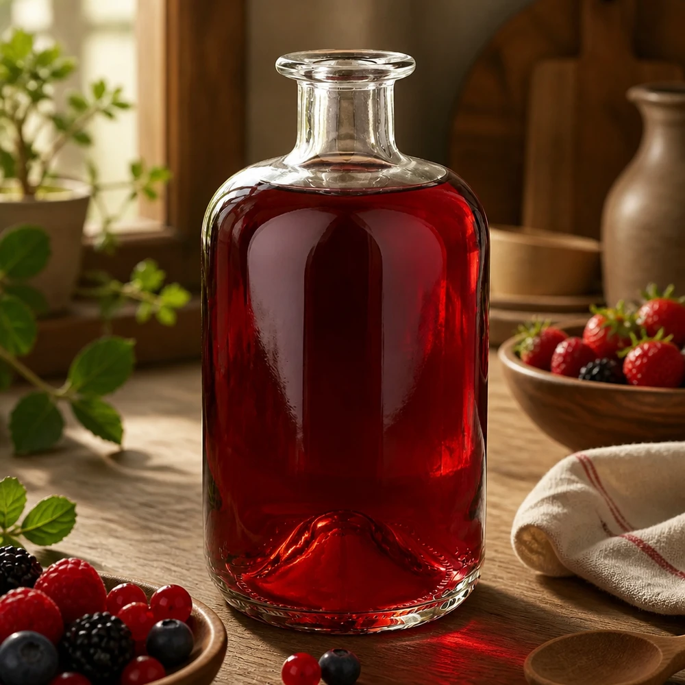 Flacone farmaceutico da 500 ml 500ml Glasflasche "Luna" ohne Verschluss UNiTWIST senza tappo UNiTWIST® Bottiglia di vetro Luna 500ml riempita di succo di bacche rosse tra bacche fresche su un tavolo di legno rustico come ispirazione decorativa.