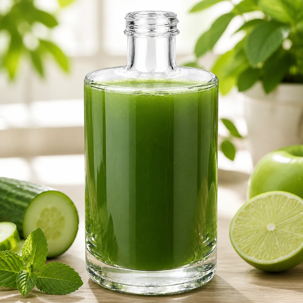 Bottiglia in vetro da 375 ml Sam senza tappo a vite UNiTWIST® Bottiglia di vetro da 375 ml Sam riempita di frullato verde accanto a cetriolo, lime e menta su uno sfondo di legno chiaro