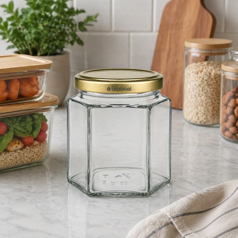 Vasetto per miele da 520 g con capsula dorata BioSeal UNiTWIST Vasetto di miele esagonale BioSeal vuoto da 520 g con coperchio dorato sul piano di lavoro della cucina, accanto a barattoli e utensili da cucina