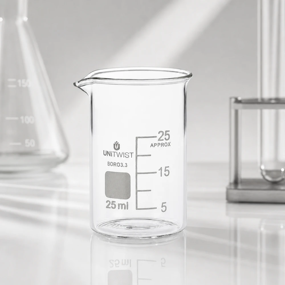 Bicchiere di vetro trasparente vuoto da 25 ml, forma bassa, borosilicato 3.3 di UNiTWIST su un piano di lavoro da laboratorio bianco