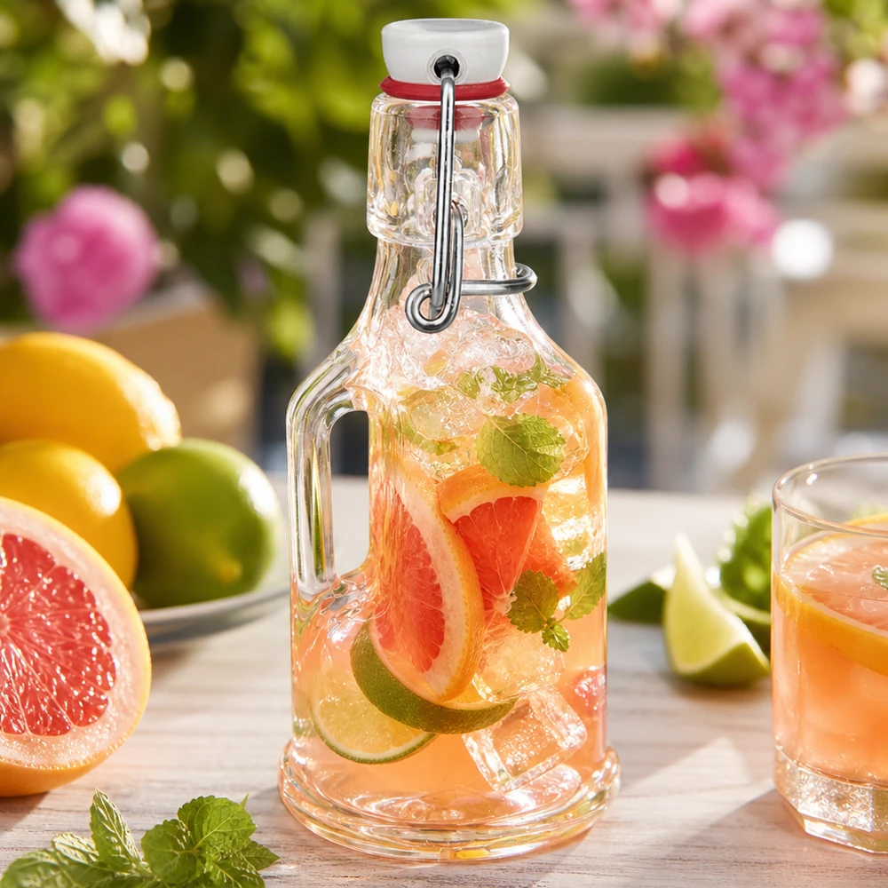 Bottiglia di vetro Bertha 200ml riempita con acqua di pompelmo e lime Ambiente giardino bevanda estiva UNiTW swing top