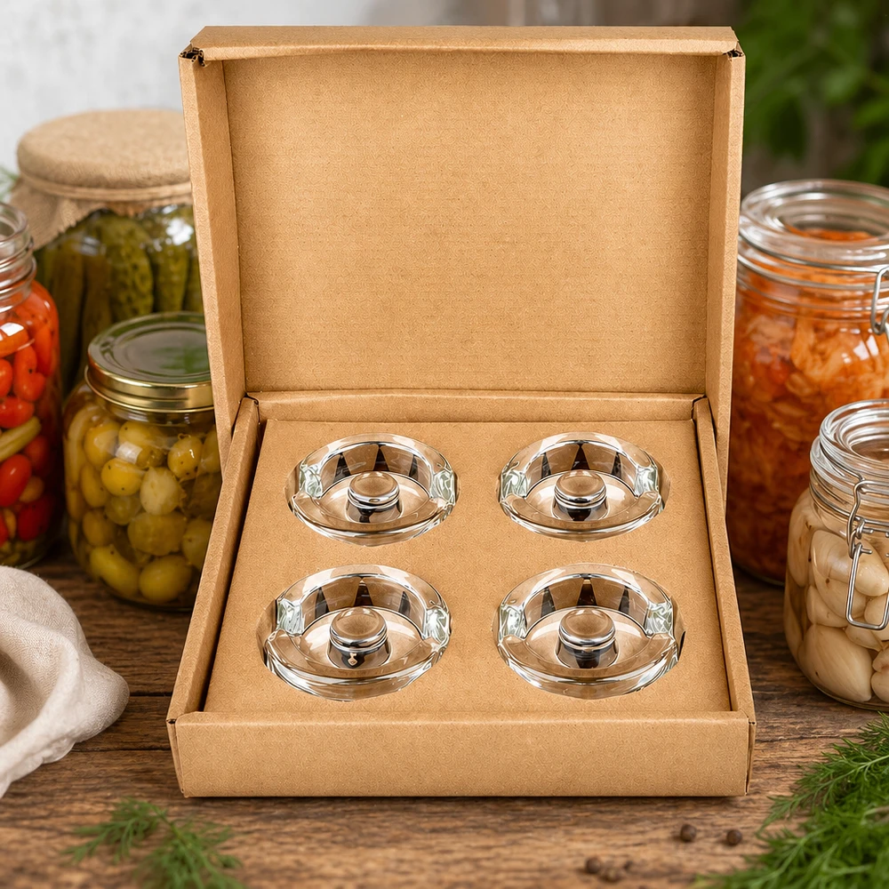 Pesi in vetro per fermentazione con manico set di 4 UNiTWIST Quattro pesi per vasi da fermentazione UNiTWIST con manico in confezione regalo accanto a verdure in salamoia e barattoli da conserva