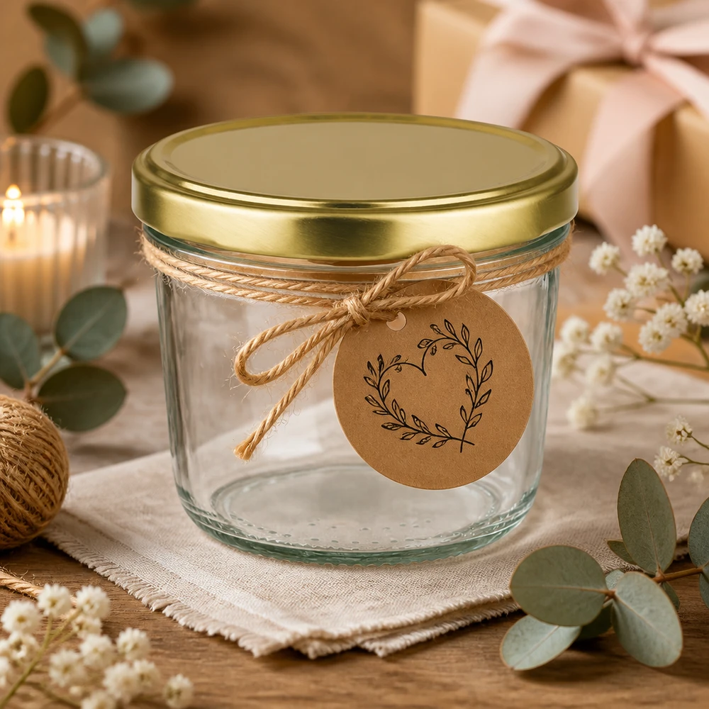 Bicchieri da 230 ml con coperchio BasicSeal oro UNiTWIST Bicchieri BasicSeal oro UNiTWIST da 230 ml disposti in modo decorativo con nastro regalo e cartellino in carta kraft