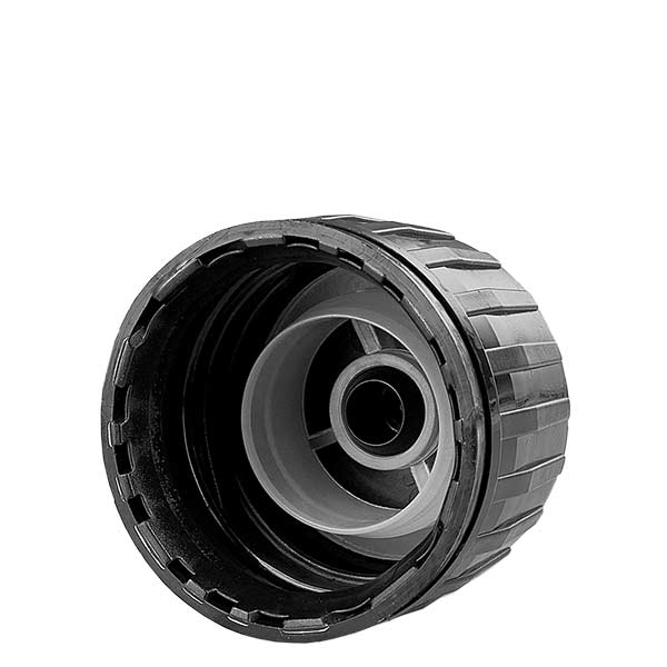 Tappo a vite 28 mm nero per flaconi di medicinali con OV-ring