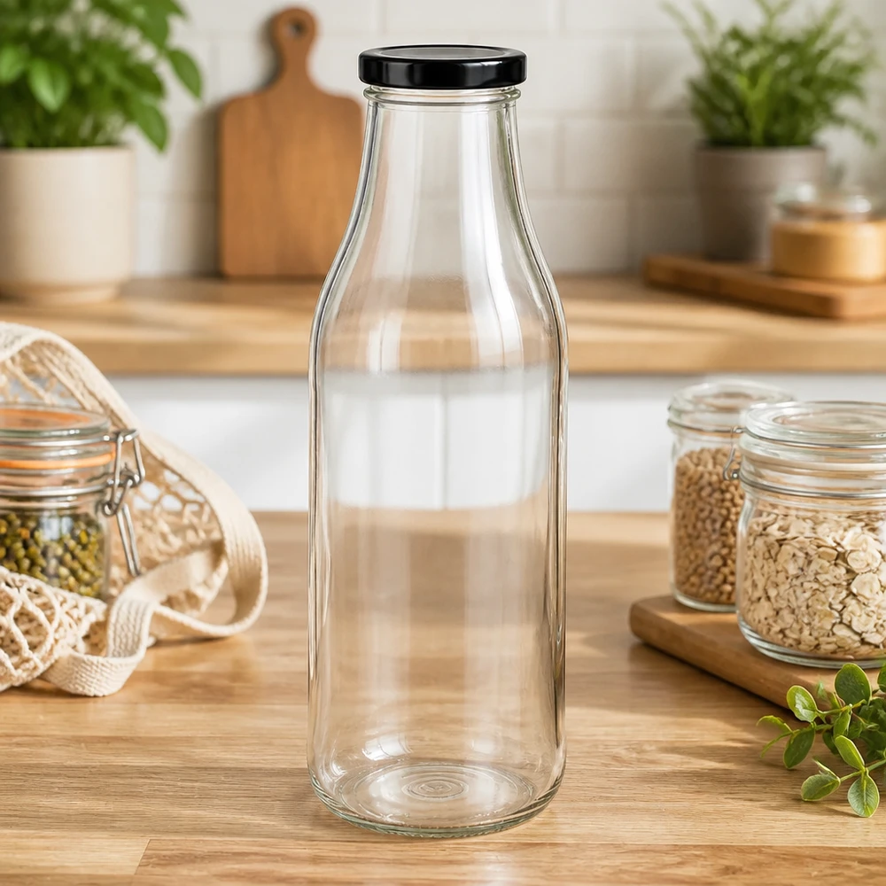 Bottiglia di vetro da 1000 ml + coperchio BasicSeal nero UN.. 1000ml Glasflasche mit schwarzem Deckel in Zero-Waste Küche zwischen Vorratsgläsern und nachhaltigen Utensilien