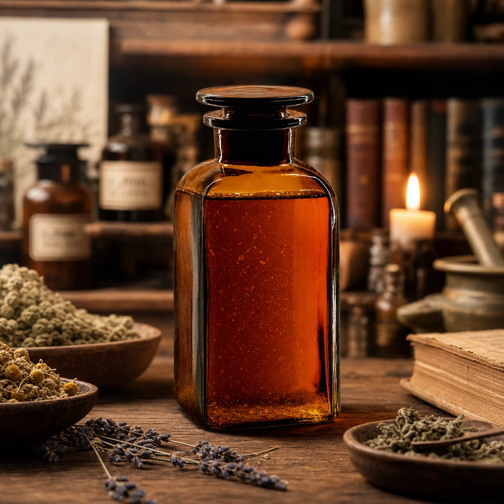 Bottiglia quadrata marrone a collo largo da 350 ml con tappo di vetro, appoggiata su un tavolo rustico di legno con erbe aromatiche