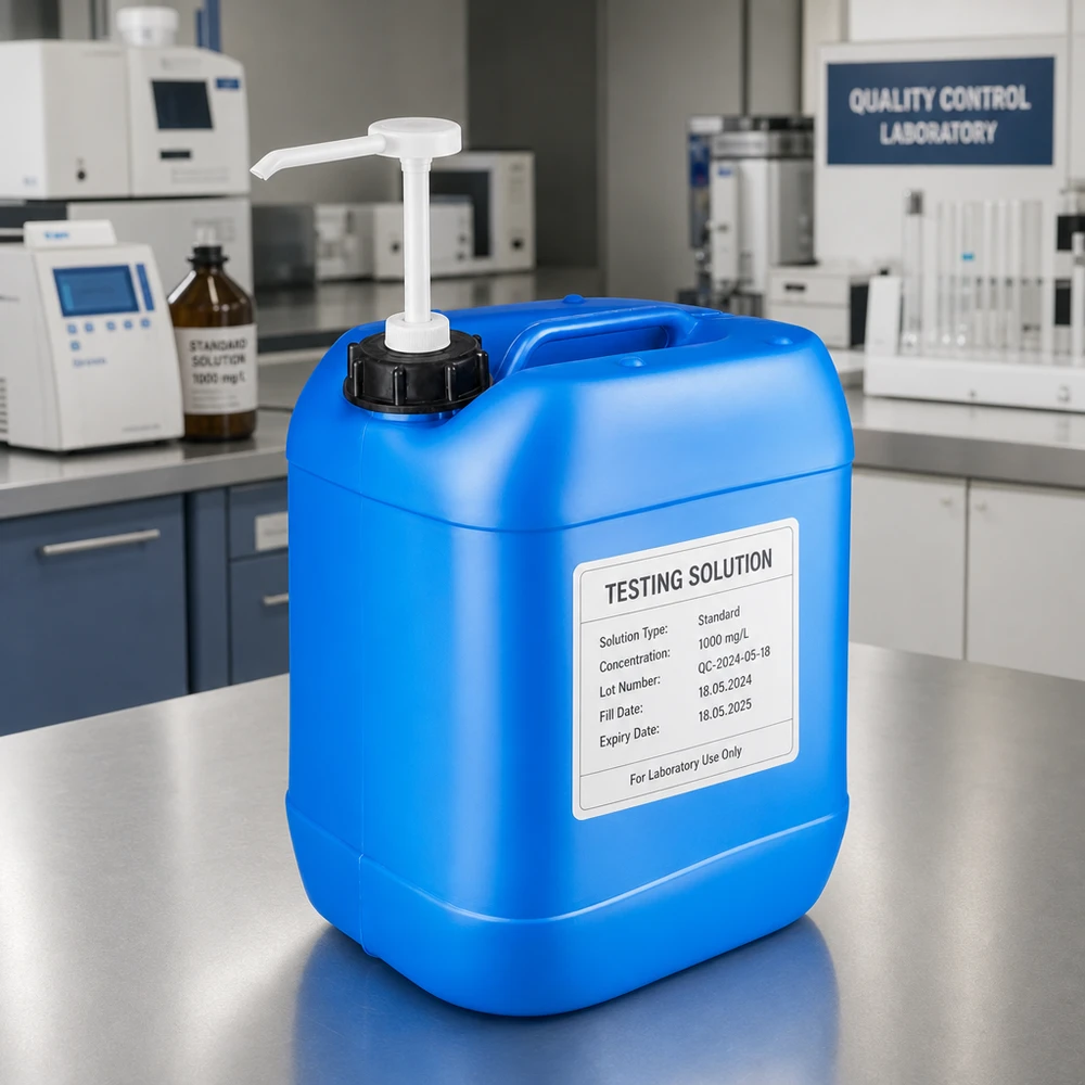 Tanica 20 litri blu con pompa dosatrice Tanica blu da 20 litri con etichetta “Soluzione di prova 1000 mg/l” e pompa dosatrice nel laboratorio di qualità