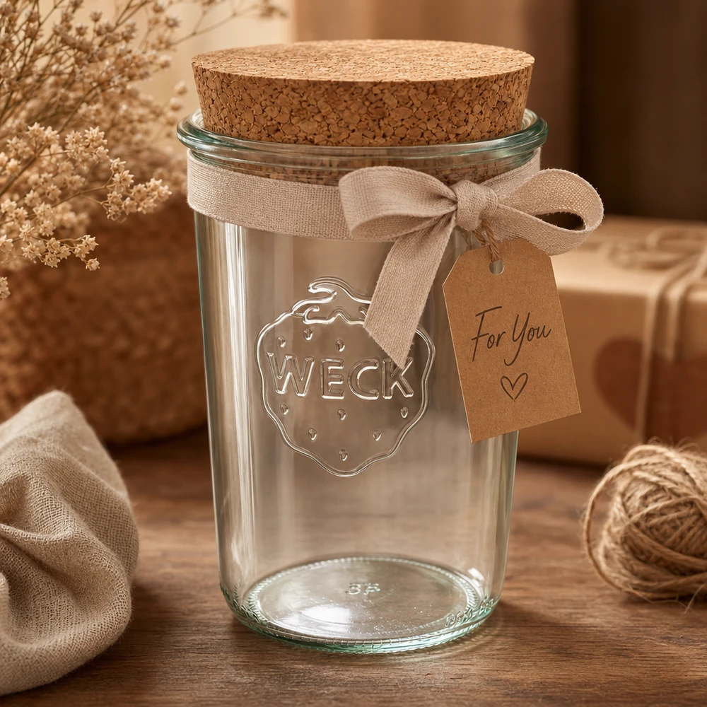 Bicchieri WECK 850ml RR100 decorati con nastro per coperchio in sughero ed etichetta regalo come idea regalo