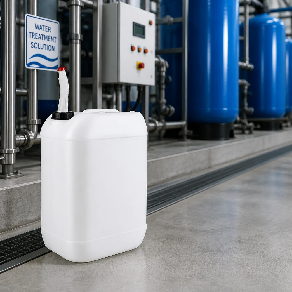 Contenitore per il trattamento dell'acqua da 25 litri con tubo di scarico flessibile in un impianto professionale di trattamento dell'acqua
