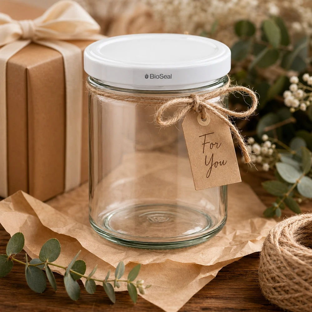 UNiTWIST Lintel167 con coperchio bianco TO66 BioSeal UNiTWIST barattolo per conserve 167ml confezione regalo decorazione rustica etichetta in carta kraft For You coperchio BioSeal