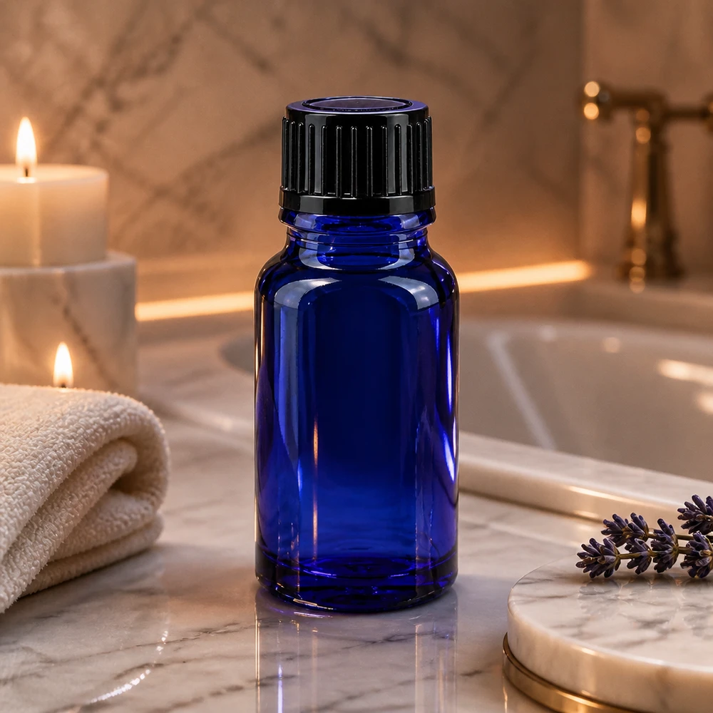 Flacone contagocce blu da 10ml STD nero/1mm ApoGlas Flacone contagocce di precisione da 10 ml, blu, con apertura da 1 mm e tappo nero, in vetro con protezione UV
