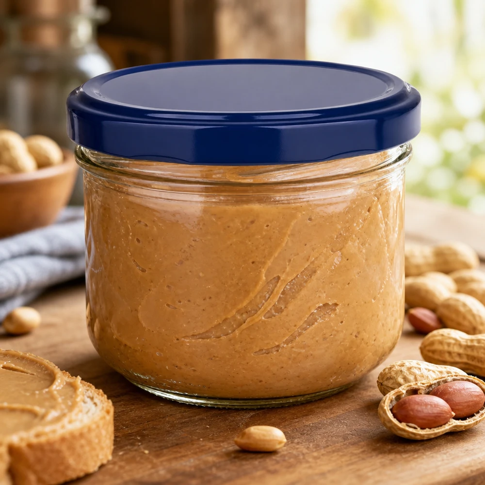 Bicchieri da 260 ml + coperchio BasicSeal blu UNiTWIST Bicchieri da 260 ml con coperchio BasicSeal blu riempiti di burro di arachidi circondati da noccioline su un tavolo di legno