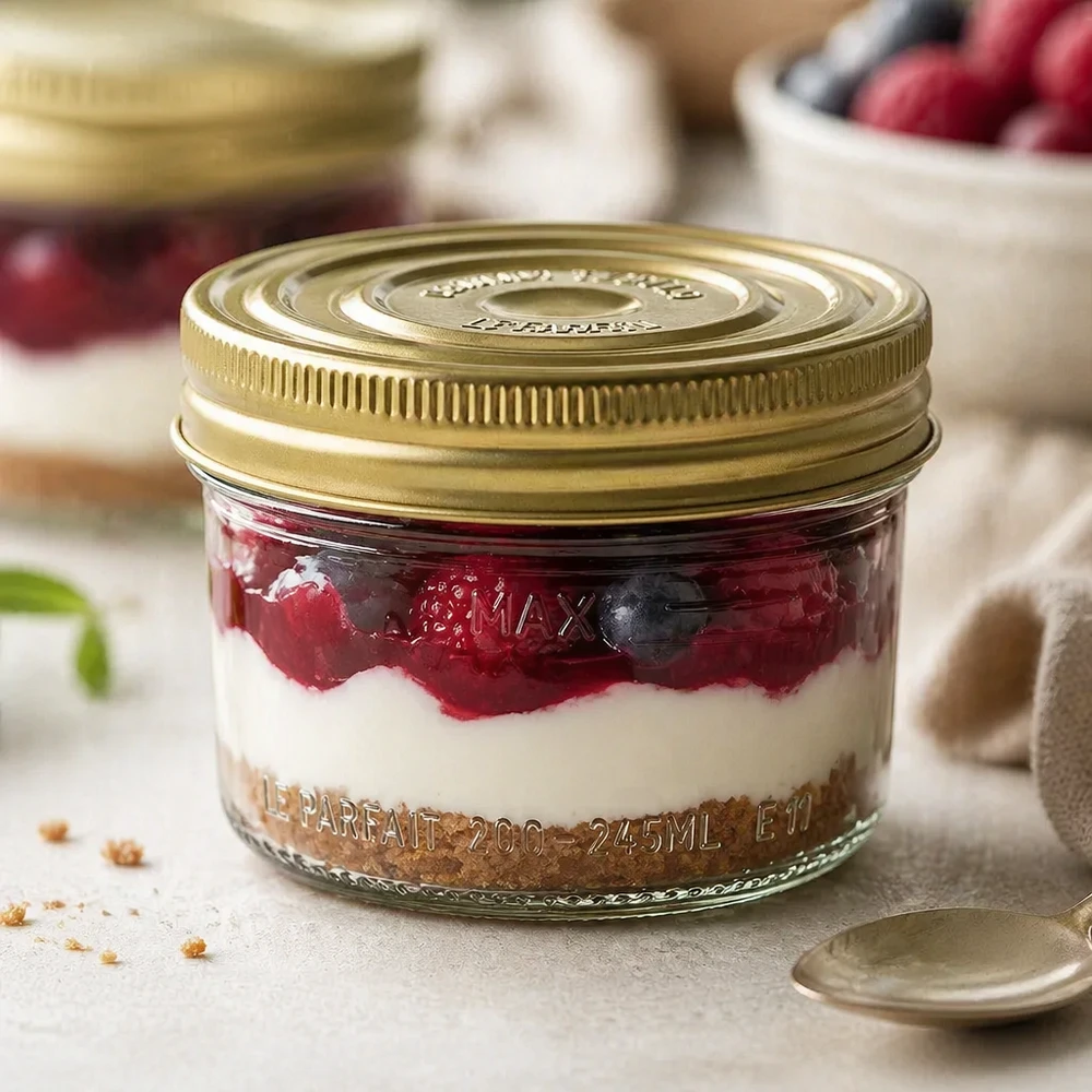 Bicchieri Familia Wiss da 245 ml con coperchio dorato riempiti di bacche e dessert alla crema su tavolo di legno