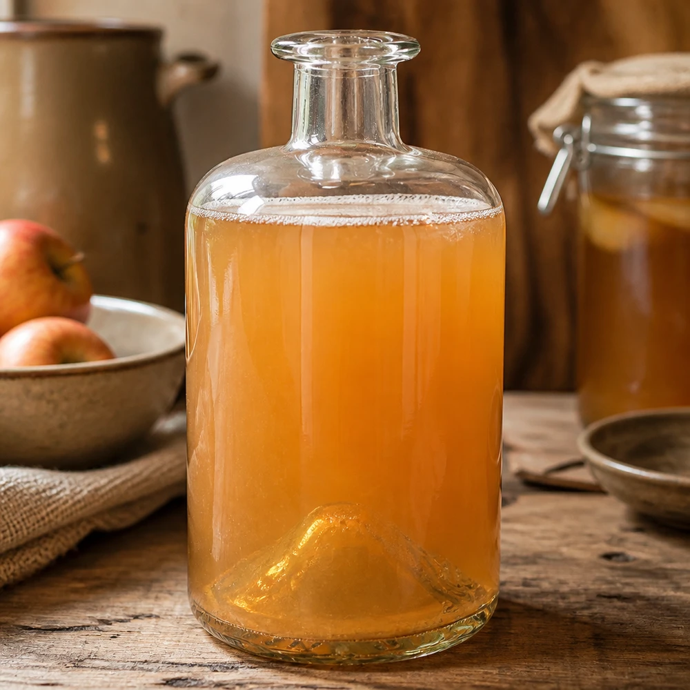 Bottiglia da farmacia da 500 ml Sofia riempita di Kombucha bevanda fermentata cucina rustica tavolo di legno bottiglia di vetro UNiTWIST
