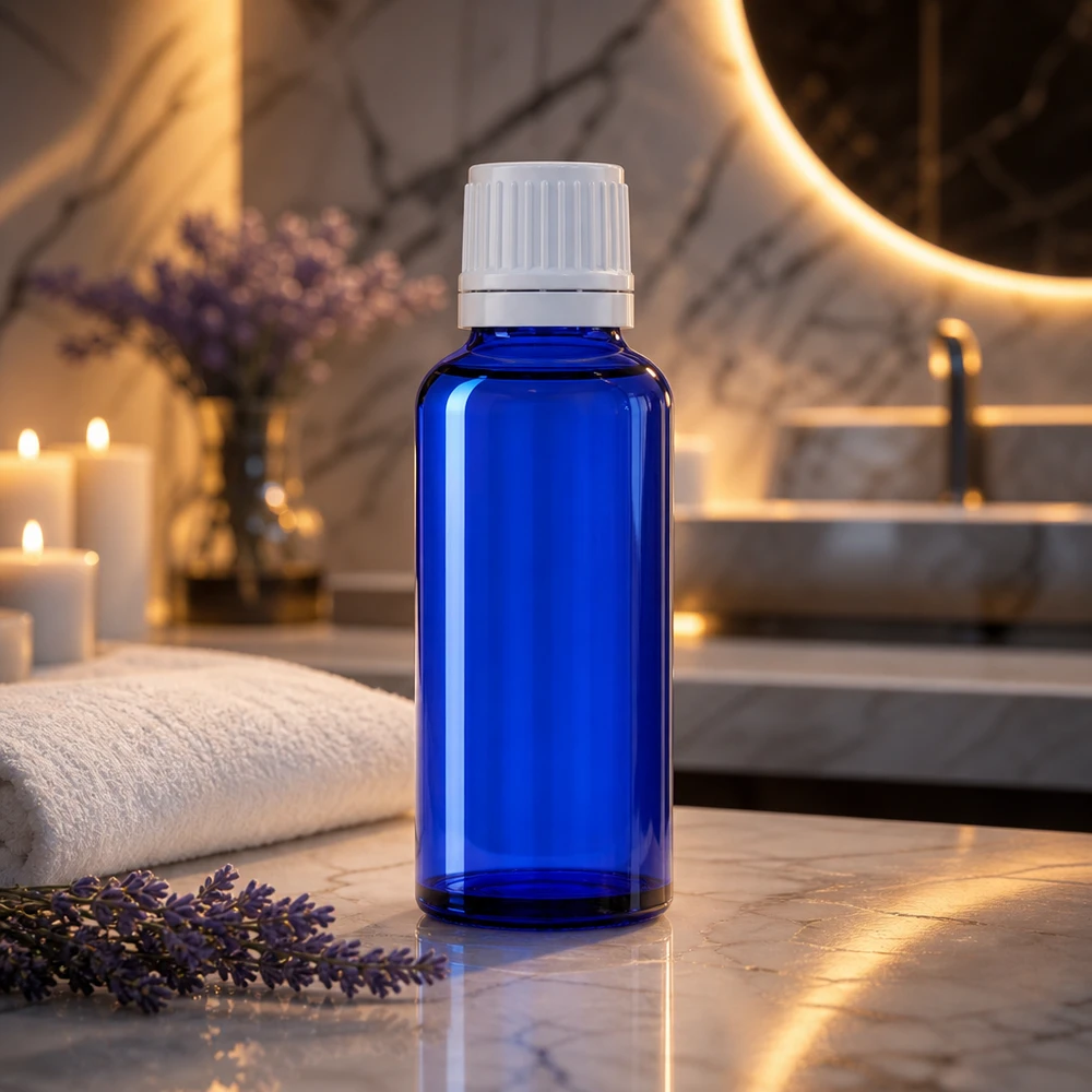 Flacone contagocce blu da 30ml OV bianco/0,7mm ApoGlas Flacone contagocce ApoGlas blu da 30 ml con tappo bianco, appoggiato su una superficie di marmo accanto a rametti di lavanda e candele