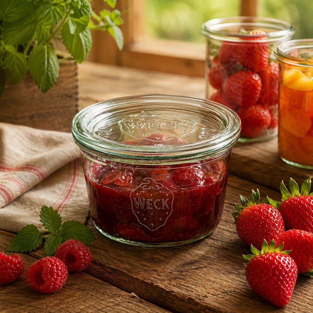 Bicchieri bassi da 290 ml con coperchio in vetro WECK RR100 Barattolo da conserva WECK da 290 ml pieno di marmellata di fragole su un tavolo di legno con bacche fresche e ambiente di cucina