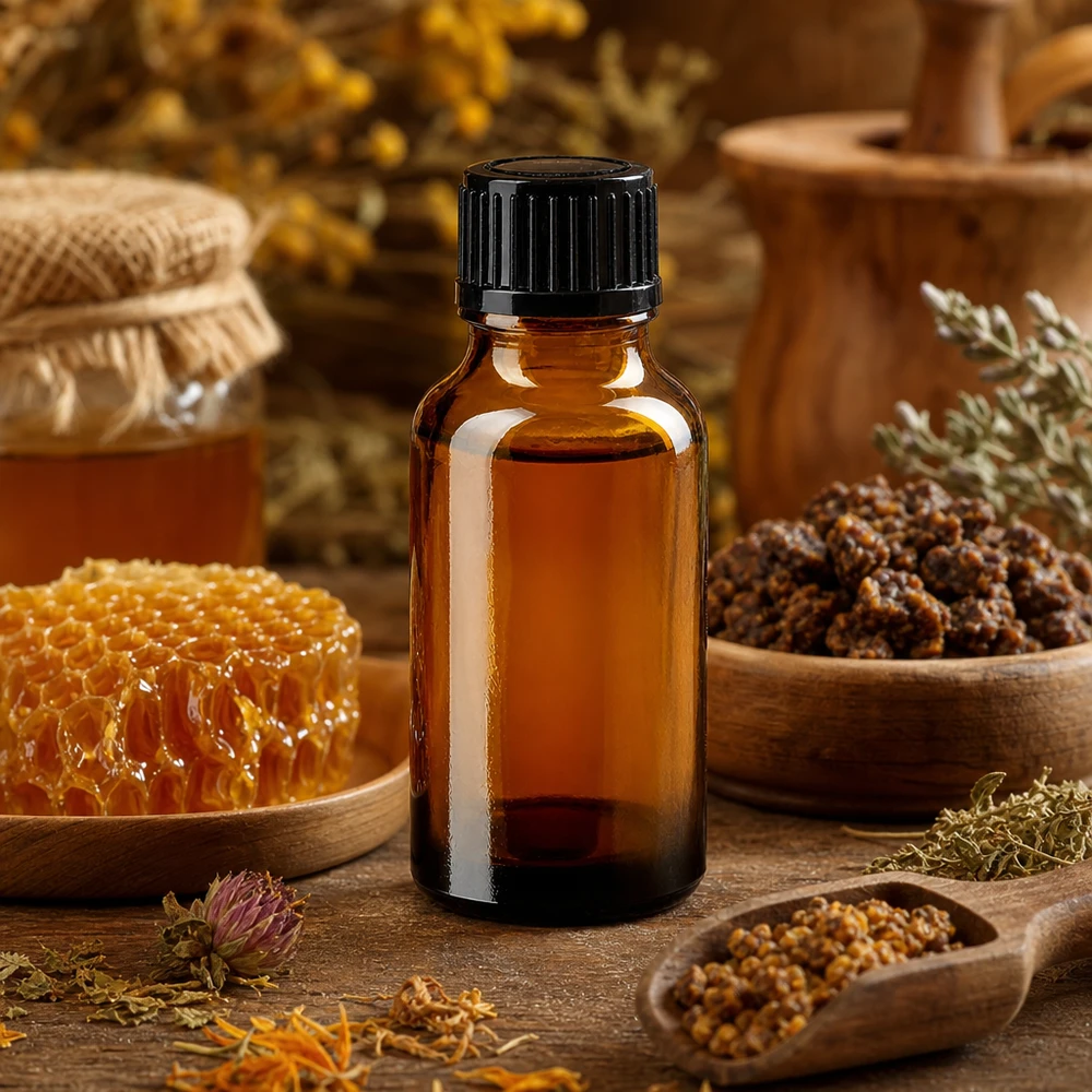 Bottiglia da farmacia marrone da 20 ml. SV STD nero/11mm ApoGlas Flacone di vetro marrone da 20 ml con tappo contagocce nero, accanto a un favo d’ape e erbe medicinali naturali