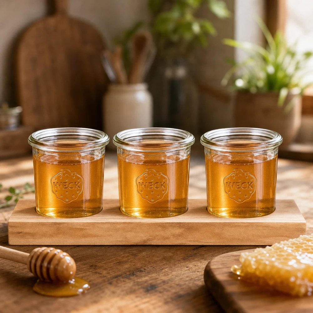 Miele presentato al naturale in tumbler WECK da 140 ml su un tagliere di legno con cucchiaio e nido d'ape.