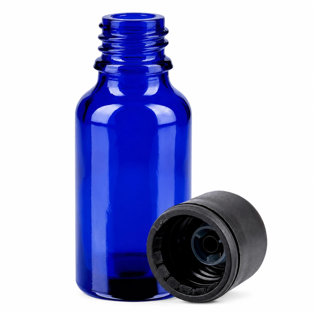 Flacone da 20 ml 6 mm SV nero STD BlueLine UT18/20 Flacone professionale da 20 ml in vetro blu con tappo SV nero per prodotti chimici