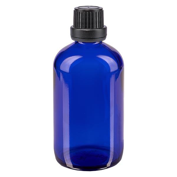 Bottiglia da farmacia blu da 100 ml. SV OV nero/11mm ApoGlas Bottiglia da farmacia blu da 100 ml. SV OV nero/11mm ApoGlas