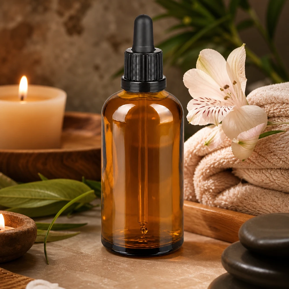 Flacone contagocce marrone da 100 ml con pipetta nera, perfetto per cosmetici e tinture naturali