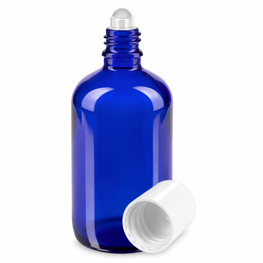 Flacone roll-on blu da 100ml STD bianco ApoGlas Flacone roll-on blu da 100 ml in vetro da farmacia con tappo bianco e sfera rotante