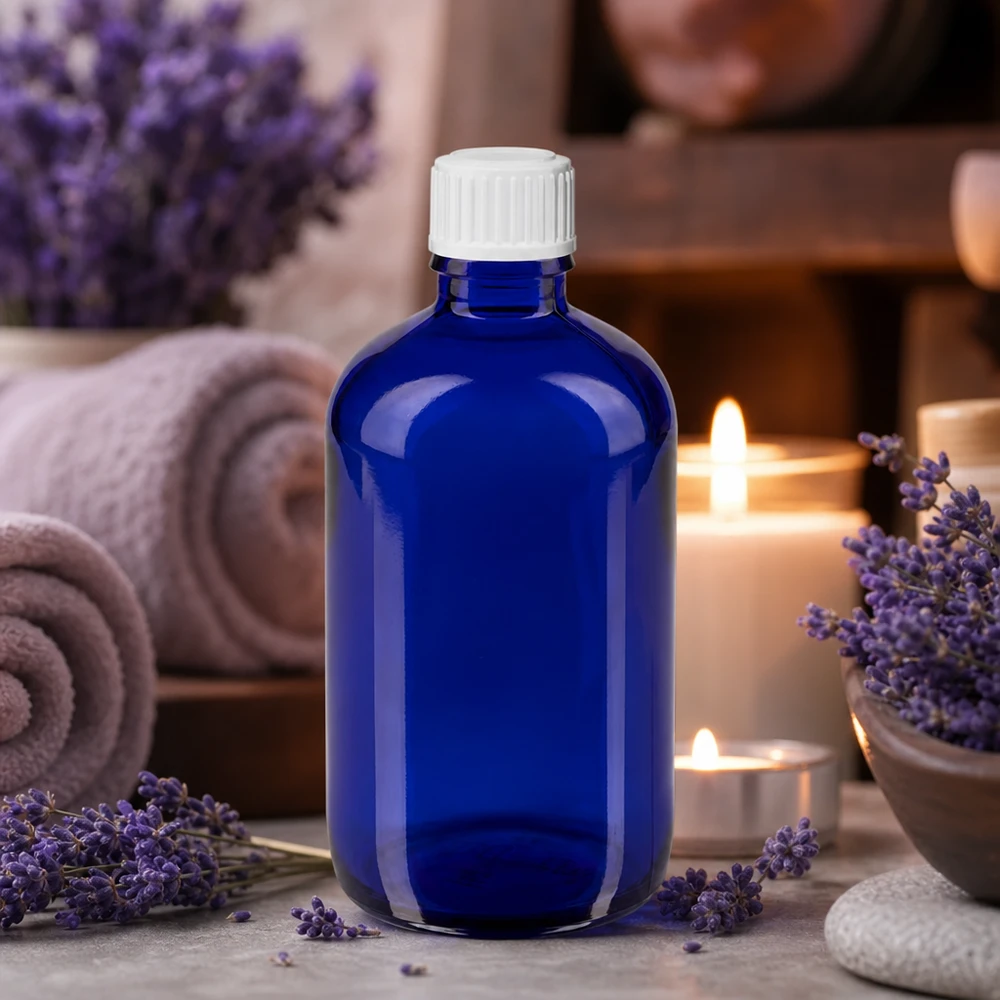 Flacone contagocce blu da 100 ml STD bianco/0,9 mm ApoGlas Flacone contagocce da 100 ml, resistente alla luce, di colore blu cobalto, con tappo dosatore di precisione da 0,9 mm per cosmetici naturali