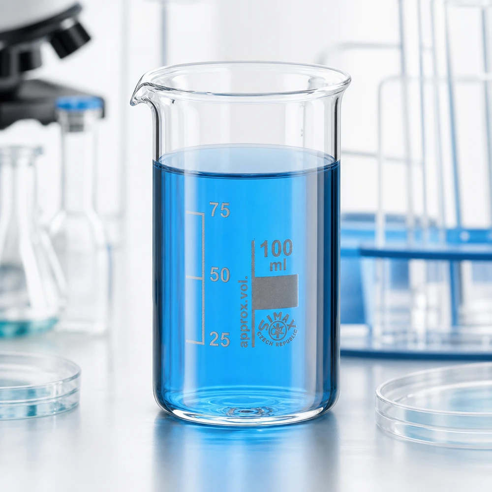 Foto di laboratorio: becher da 100 ml di forma alta con liquido blu su sfondo bianco