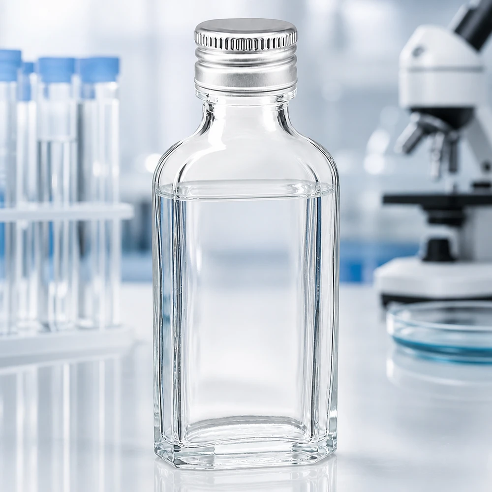 50 ml Meplat trasparente con tappo in alluminio argento PP22 Piccola fiala da laboratorio da 50 ml in vetro trasparente con tappo in alluminio PP22, utilizzata in ambito scientifico
