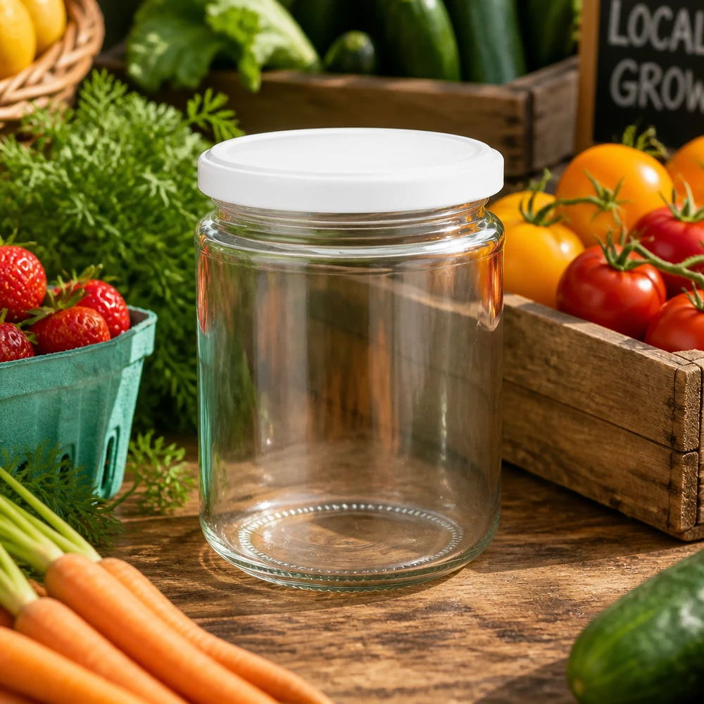 Barattolo rotondo UNiTWIST da 390 ml con coperchio bianco tra le verdure fresche - versatile barattolo per conserve