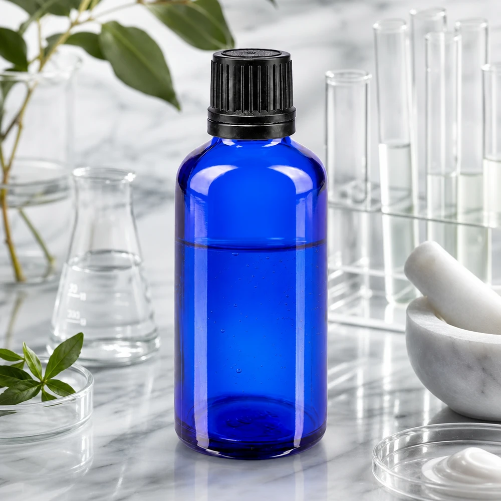 Flacone contagocce blu da 50ml OV nero/1mm ApoGlas Flacone contagocce blu da 50 ml con inserto contagocce di precisione da 1 mm in ambiente di laboratorio con provette