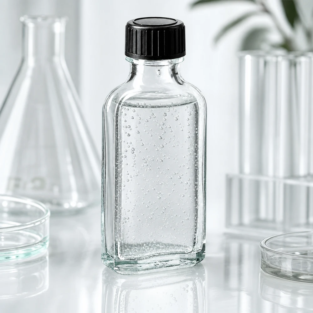 Tappo a vite trasparente Meplat da 50 ml con disco di tenuta in EPE Flacone di vetro trasparente Meplat da 50 ml con bolle d'aria, in ambiente di laboratorio, con tappo a vite nero