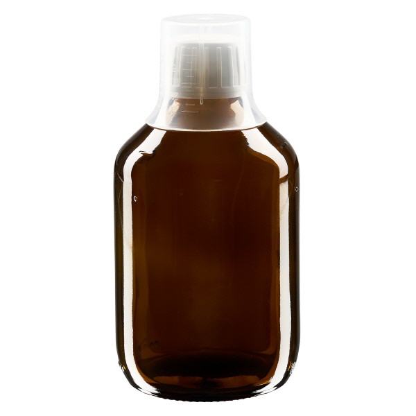 Flacone per medicinali da 300 ml marrone, tappo OV con coppetta dosatrice 3
