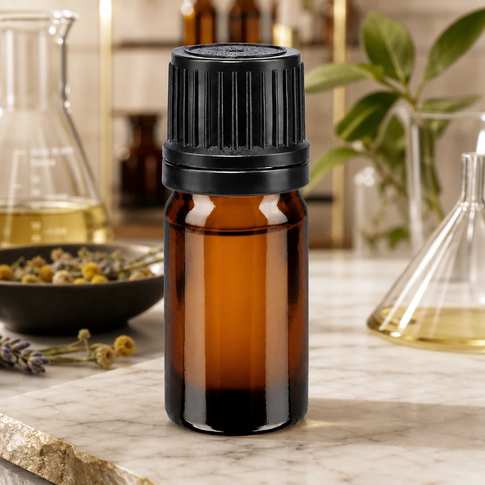 Flacone 5ml marrone (Glo.) GR OV nero/8mm ApoGlas Flacone per protezione dalla luce da 5 ml in vetro ambrato con tappo OV nero a prova di bambino da 8 mm