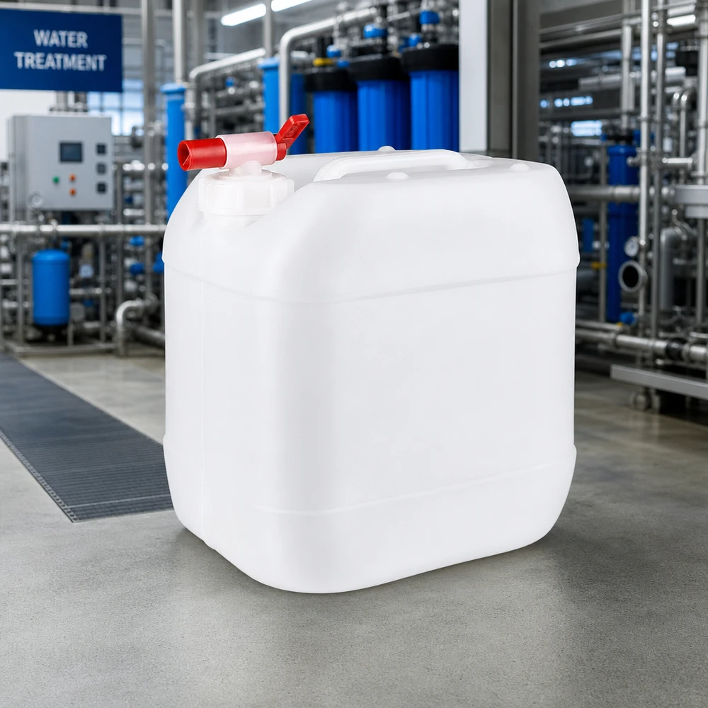 Tanica da 15 litri con rubinetto di scarico Tanica da 15 litri adatta al contatto con gli alimenti, dotata di rubinetto, in un impianto di trattamento dell'acqua