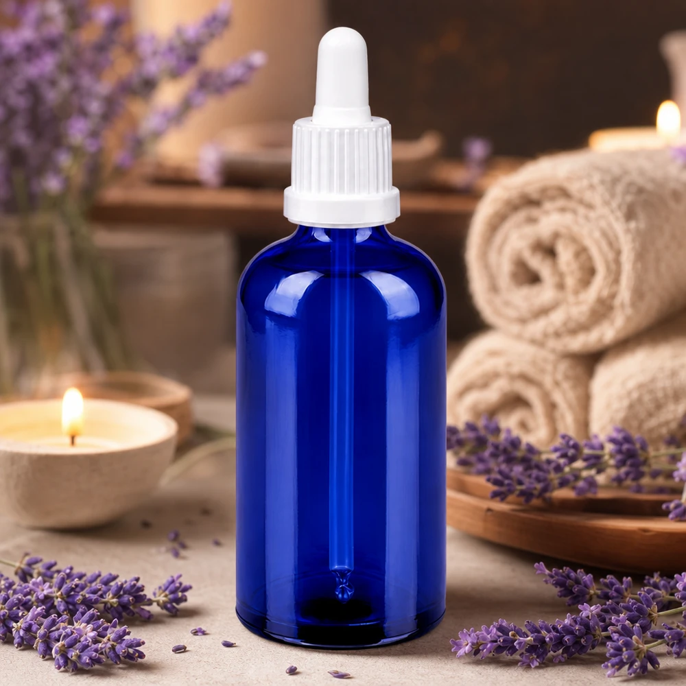 Flacone per pipette da 100 ml bianco OV BlueLine UT18/100 Elegante bottiglia in vetro da 100 ml con contagocce per oli e tinture fatti in casa BlueLine