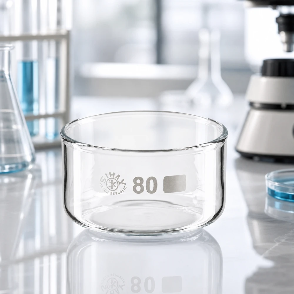 Piatto per cristallizzazione da 150 ml senza beccuccio Bo. ø80mm Vaschetta di cristallizzazione SIMAX da 150 ml, forma cilindrica senza beccuccio, vetro borosilicato, vetreria da laboratorio, 80 mm
