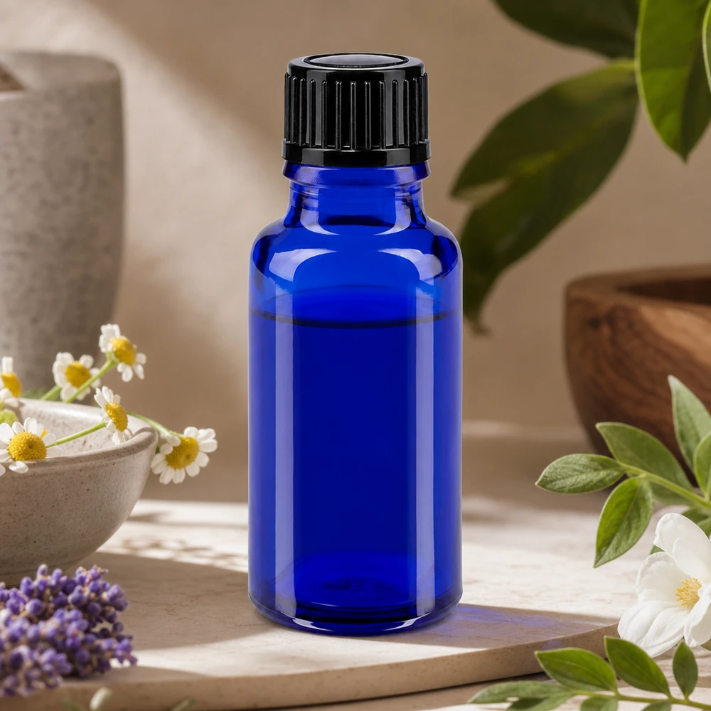 Flacone da farmacia in vetro blu da 20 ml con tappo a vite nero a prova di bambino da 11 mm