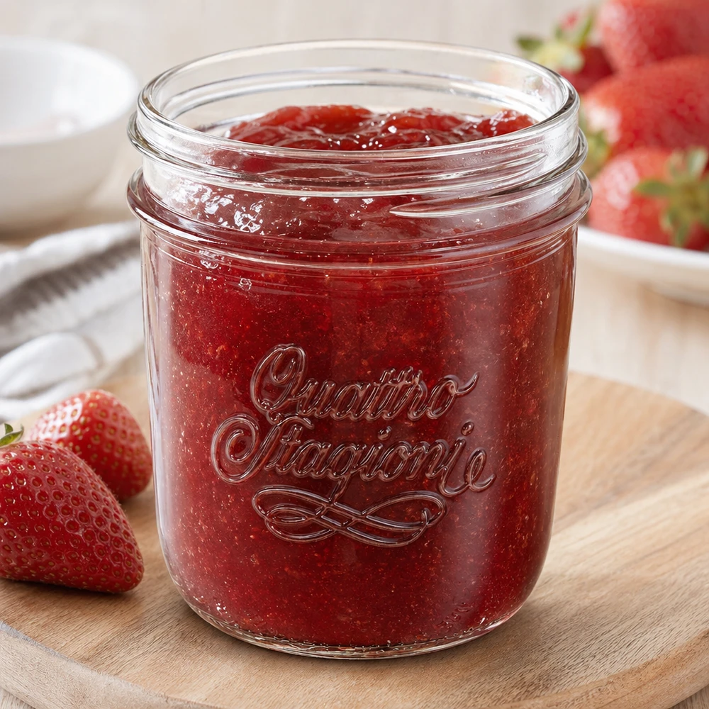 Bicchieri "Quattro Stagioni" da 320 ml QS86mm Quattro Stagioni Sturzglas 320ml mit Erdbeermarmelade gefüllt auf Holzbrett mit frischen Erdbeeren