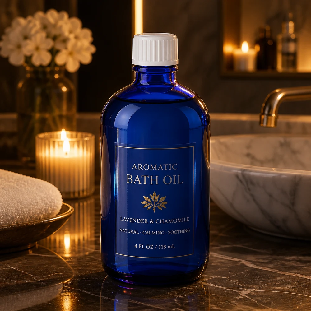 100ml blu apofl. SV STD bianco/11mm ApoGlas Fialetta da farmacia blu da 100 ml con tappo standard bianco su una superficie di marmo in bagno