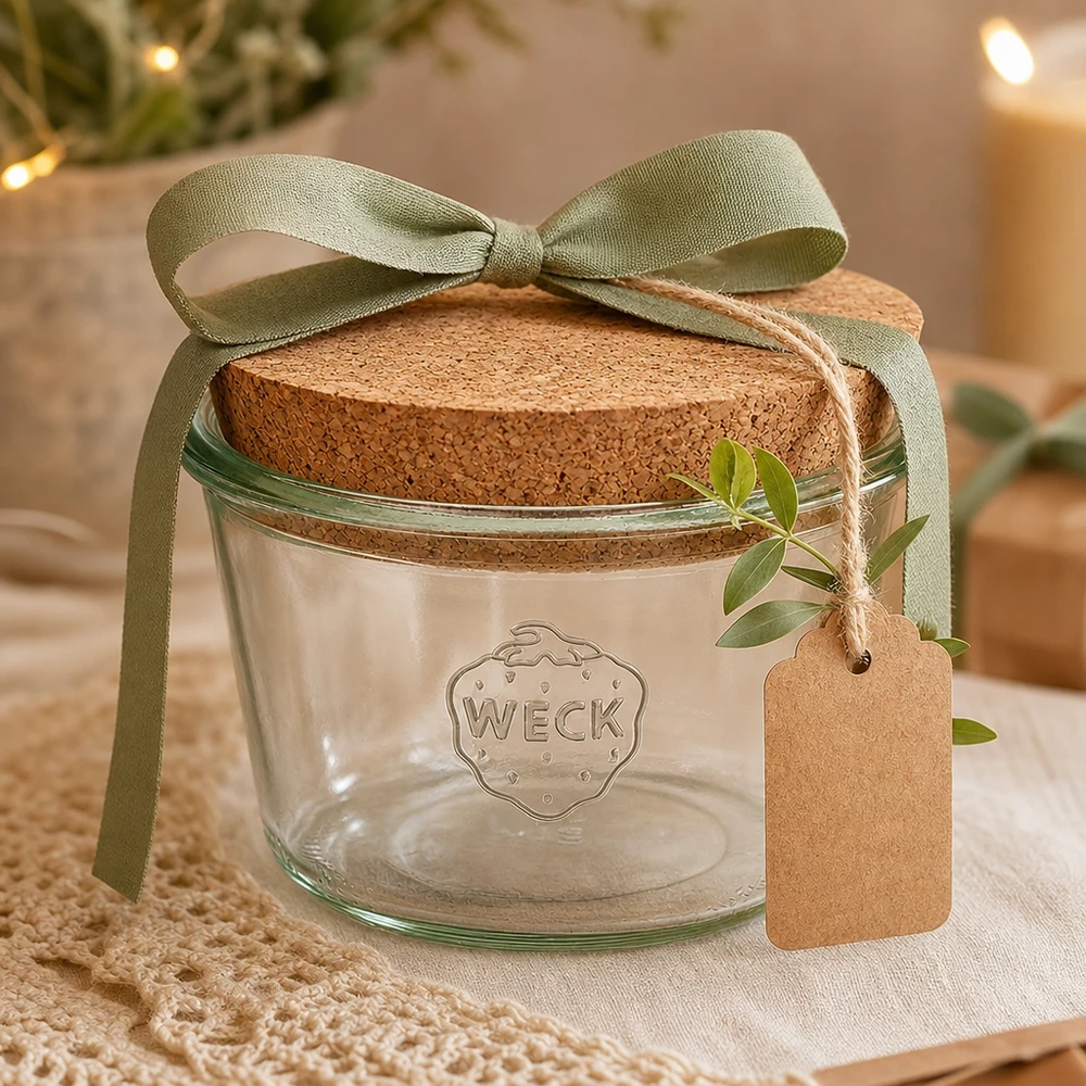 Bicchieri WECK 370ml RR100 con coperchio in sughero in regalo, decorati con un nastro verde e un ciondolo in un'atmosfera da salotto