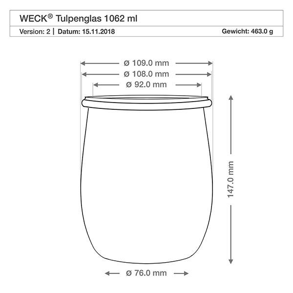 Set di 18 vasi Weck da 1062 ml, tulipani da 1 litro con coperchi in vetro Disegno tecnico del vaso a tulipano WECK 1062ml RR100 con dimensioni diametro altezza per la progettazione della cucina