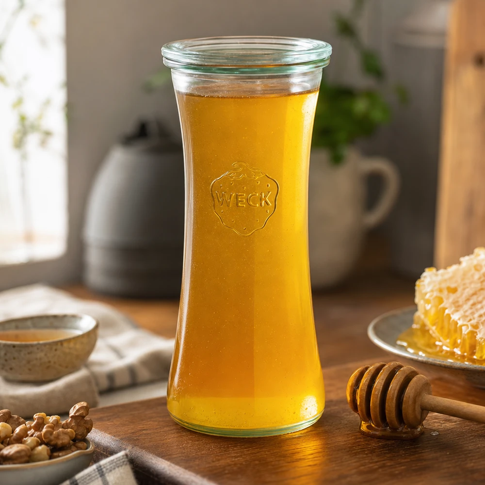 Barattolo da 700 ml con coperchio in vetro WECK RR80 Vasetto WECK da 700 ml RR80 pieno di miele accanto a favo e cucchiaio da miele in una cucina accogliente