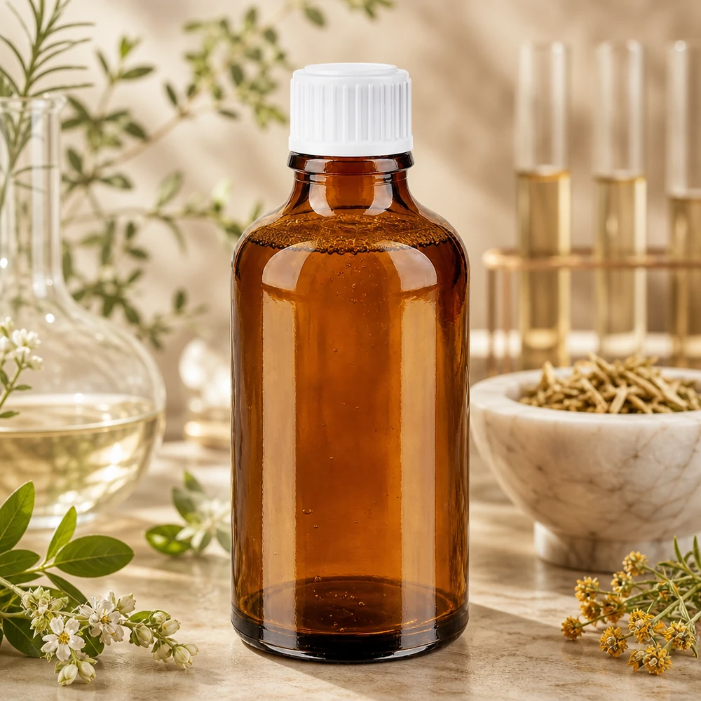 Flacone da farmacia da 50 ml color ambra con tappo a vite bianco, tra erbe medicinali e strumenti da laboratorio