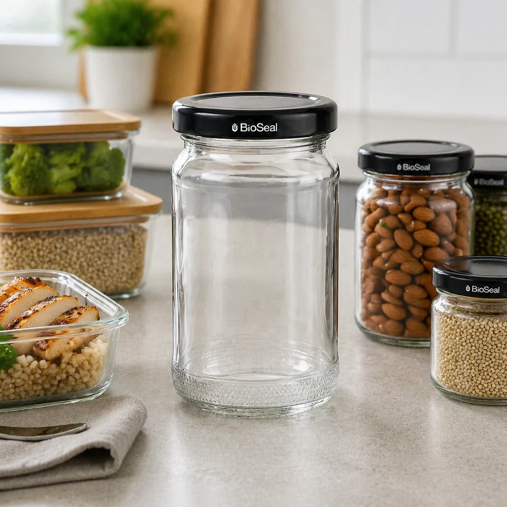 UNiTWIST Runda110 con coperchio nero. Coperchio TO48 BioSeal UNiTWIST Runda110 barattolo di vetro vuoto con coperchio nero TO48 BioSeal in un ambiente di cucina accanto a barattoli di vetro pieni