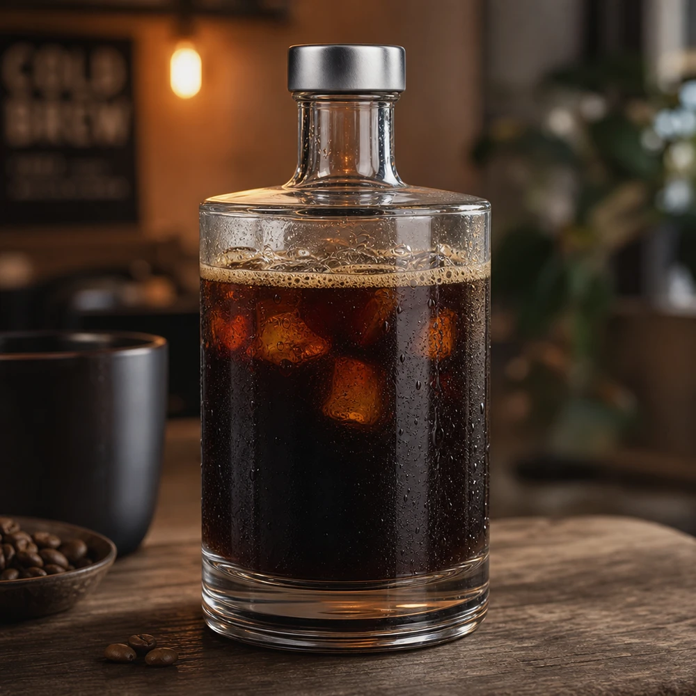 Bottiglia in vetro da 500 ml Sam e tappo a vite argento UNiTWIST® Bottiglia di vetro da 500 ml Sam riempita di caffè freddo su un tavolo di legno accanto a chicchi di caffè in un'atmosfera accogliente da bar.