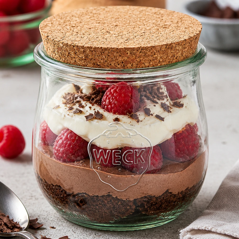 Vasetto per tulipani da 370 ml WECK RR80 con tappo in sughero naturale Vaso WECK 370ml RR80 con coperchio in sughero come vaso da dessert per dessert a strati con crema al cioccolato e lamponi